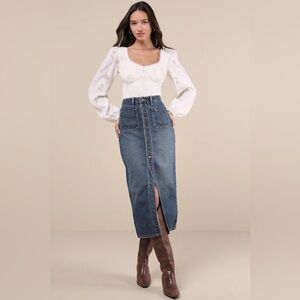 Rollas Sailor Skirt. Midi denim dark wash skirt. Functional buttons and pockets